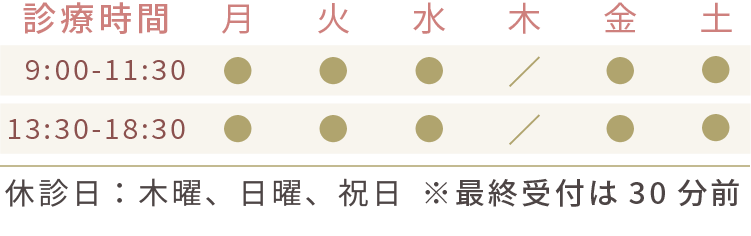 診療時間：月火水金土9:30-11:30/13:30-18:30、休診日：木曜、日曜、祝日