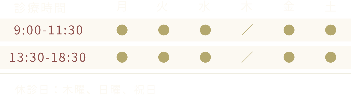 診療時間：月火水金土9:30-11:30/13:30-18:30、休診日：木曜、日曜、祝日